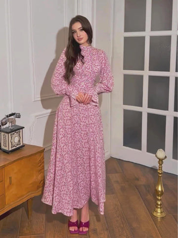 Woochic robe à manches longues col mi-haut imprimée ourlet satin rose S